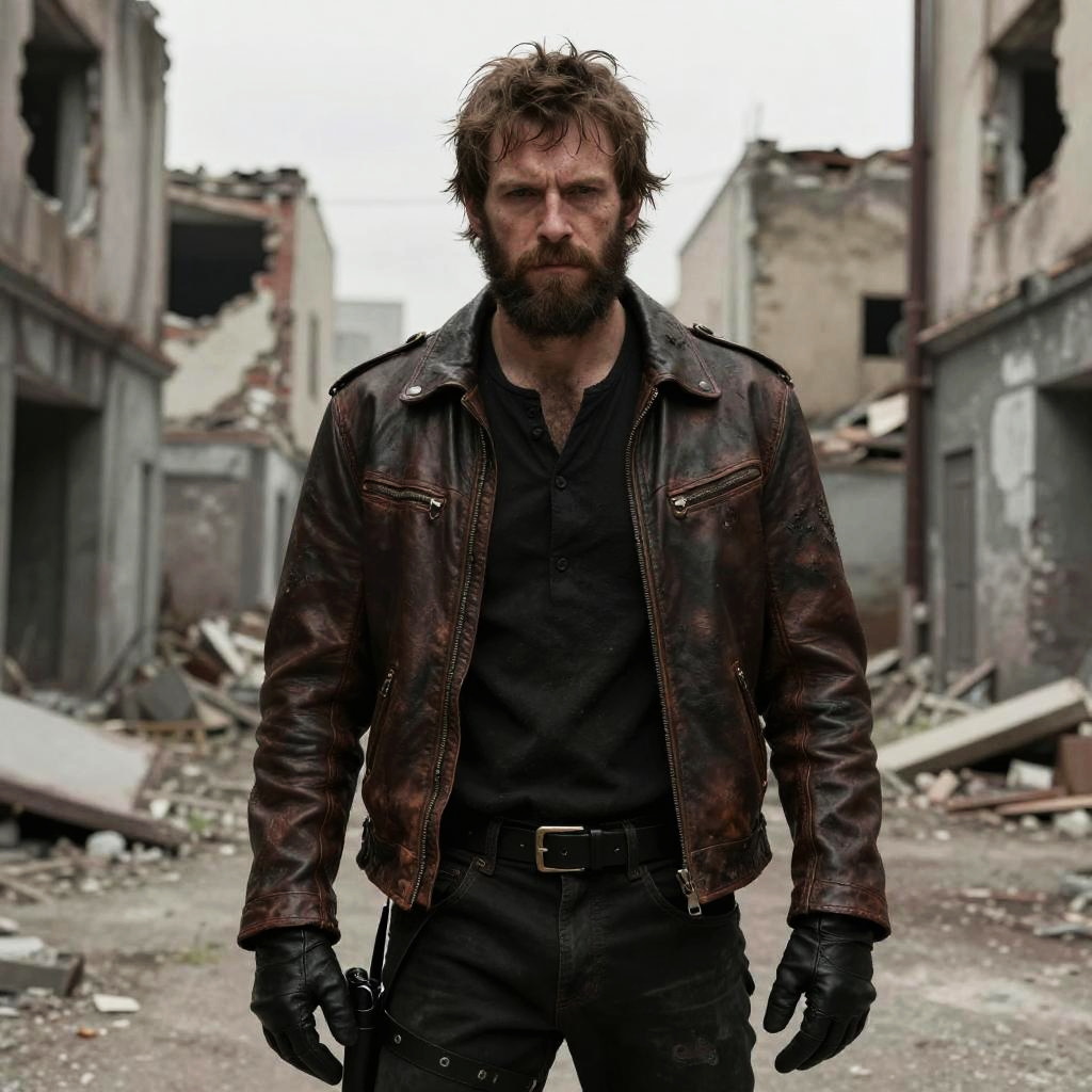 Bearded Man in Leather Jacket in Post-Apocalyptic Urban Ruins