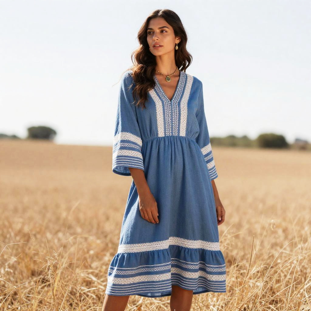 Boho Work Dress Blue Woman Standing in Field