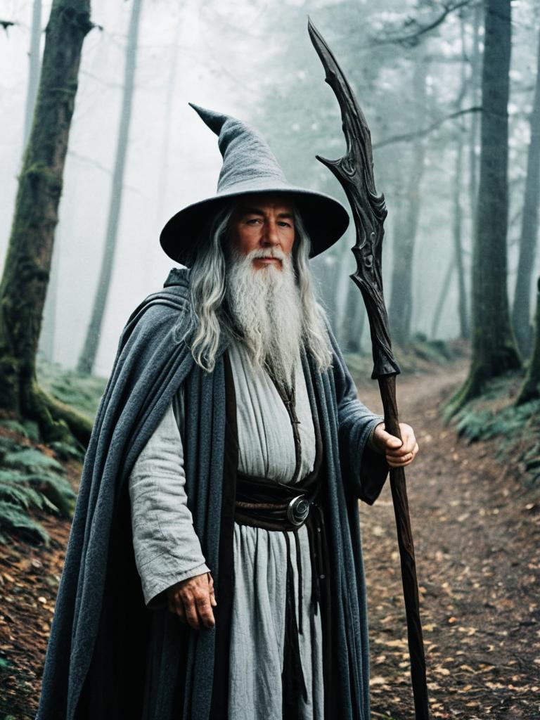 Man in Gandalf Costume Outdoor Portrait in Misty Forest