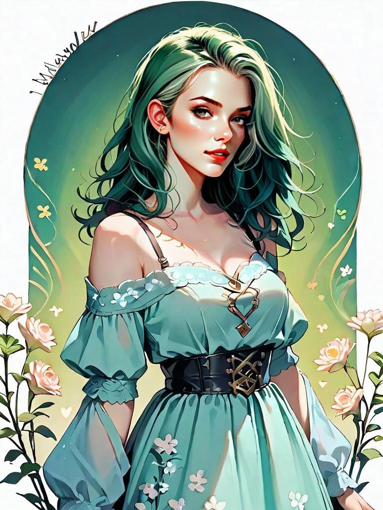 Realistic Digital Portrait of Woman in Blue Off-Shoulder Dress with Floral Accents