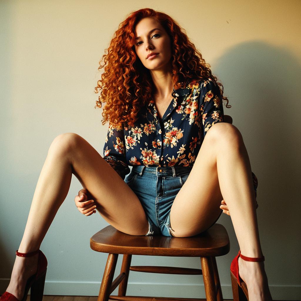 Confident Red-Haired Woman in Floral Blouse and Denim Shorts Sitting on Chair