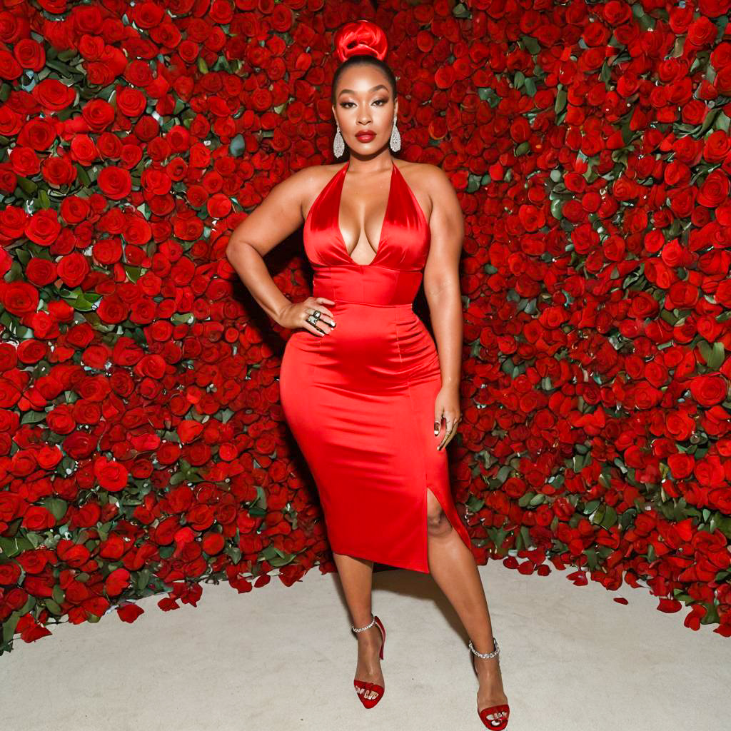 Elegant Woman in Red Satin Dress Posing with Rose Wall Background