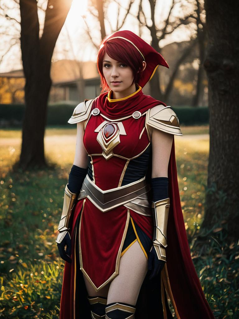 Realistic Photo of Woman Cosplaying Pyrrha Nikos in Red and Gold Armor Realistic Photo of Woman Cosplaying Pyrrha Nikos in Red and Gold Armor