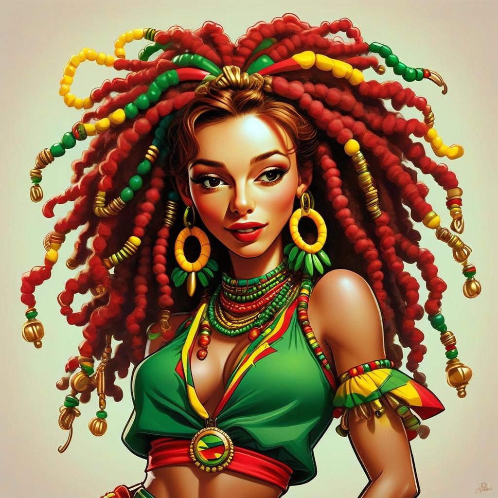 Confident Woman with Red Dreadlocks and Colorful Outfit