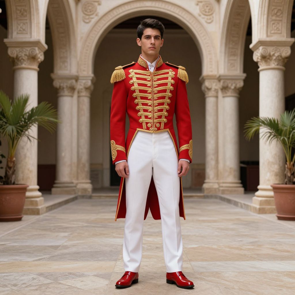 Young Man Wearing Red and Gold Military Ceremonial Uniform in Ornate Hallway