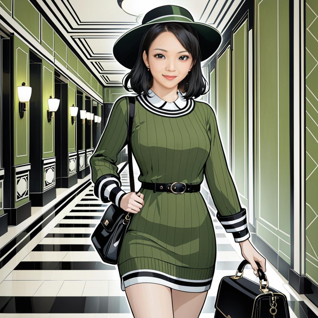 Chic Anime Woman in Green Dress and Hat