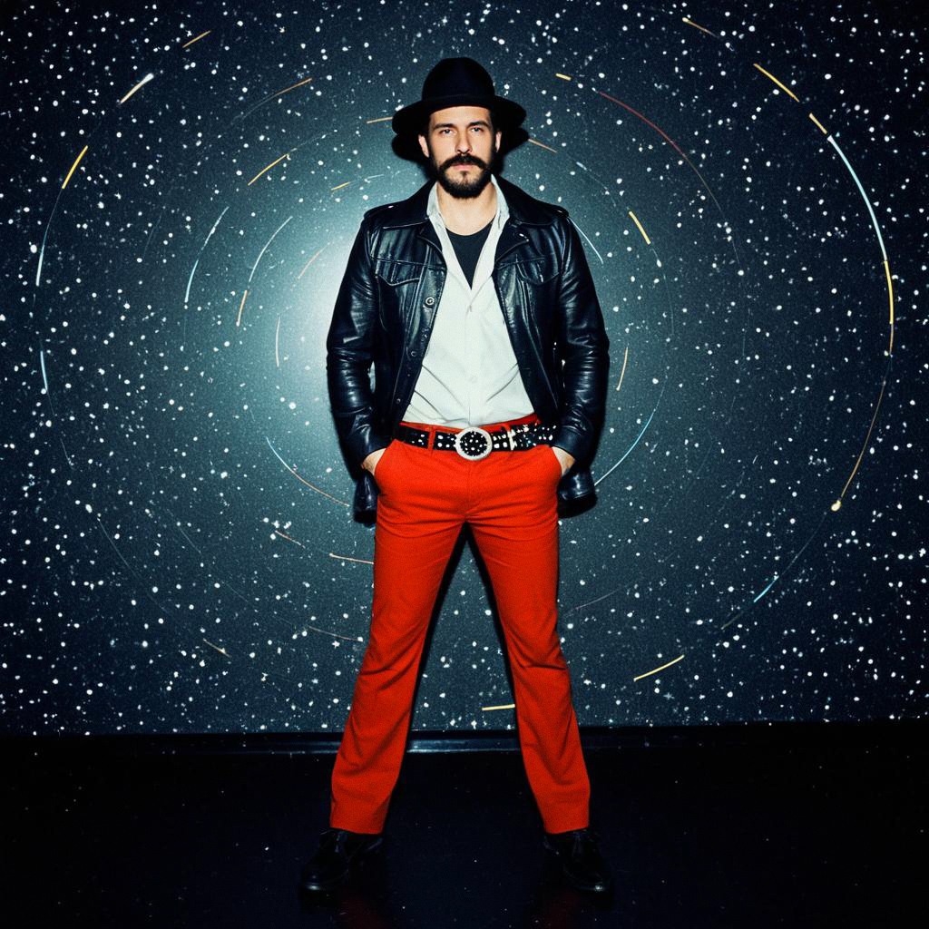 Man in Retro Disco Outfit Against Cosmic Background Man in Retro Disco Outfit Against Cosmic Background