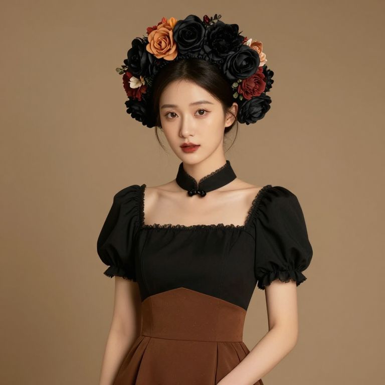 Young Woman in Black Dress with Floral Headpiece and Choker