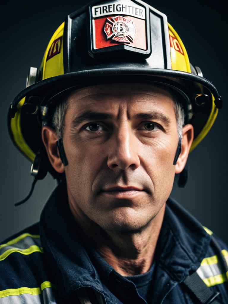 Photorealistic Close Up Headshot of Man in Firefighter Costume