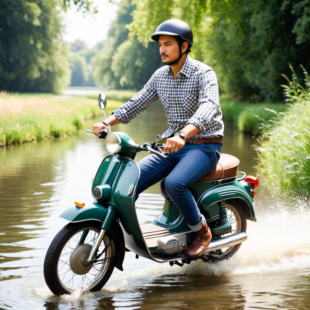 Young Man on Vintage Green Scooter by Waterway