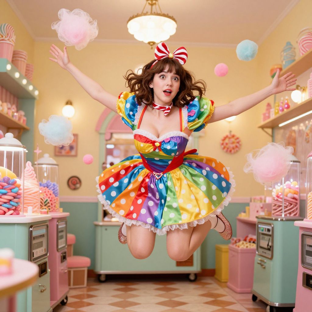 Joyful Woman in Rainbow Polka Dot Dress Jumping in Colorful Candy Shop