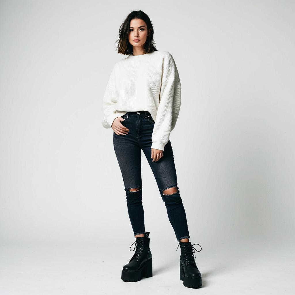 Young Woman in White Sweater and Black Ripped Jeans with Platform Boots