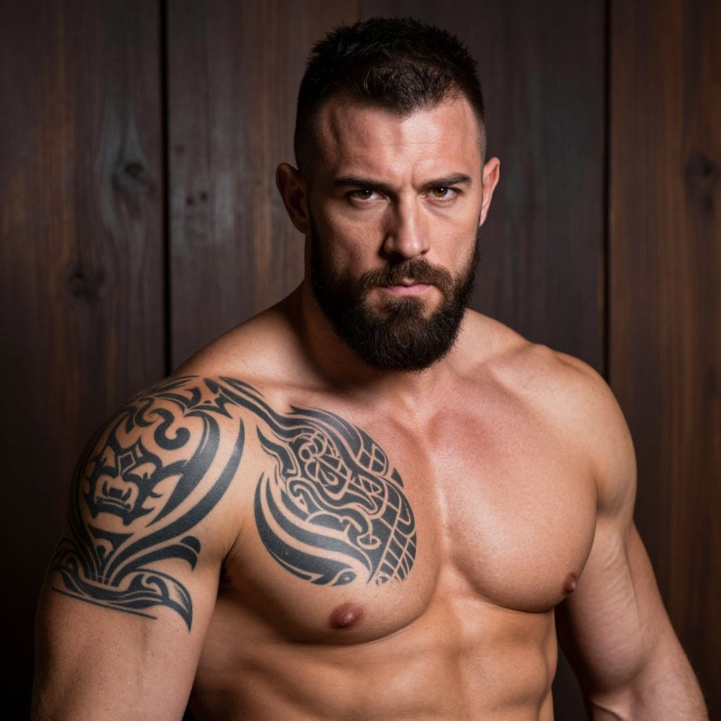 Muscular Man With Tribal Shoulder Tattoo and Beard Against Wooden Background