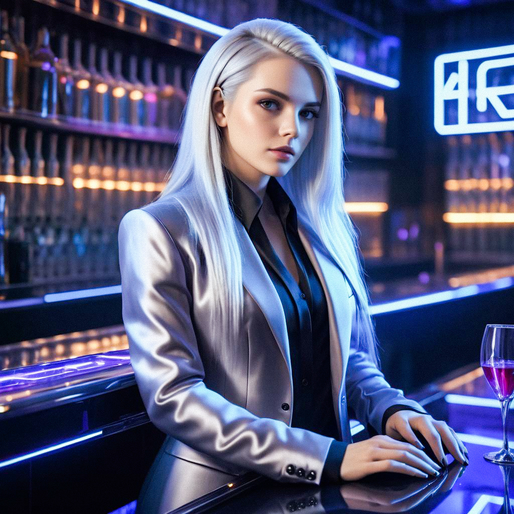 Confident Woman in Silver Suit at Neon Bar