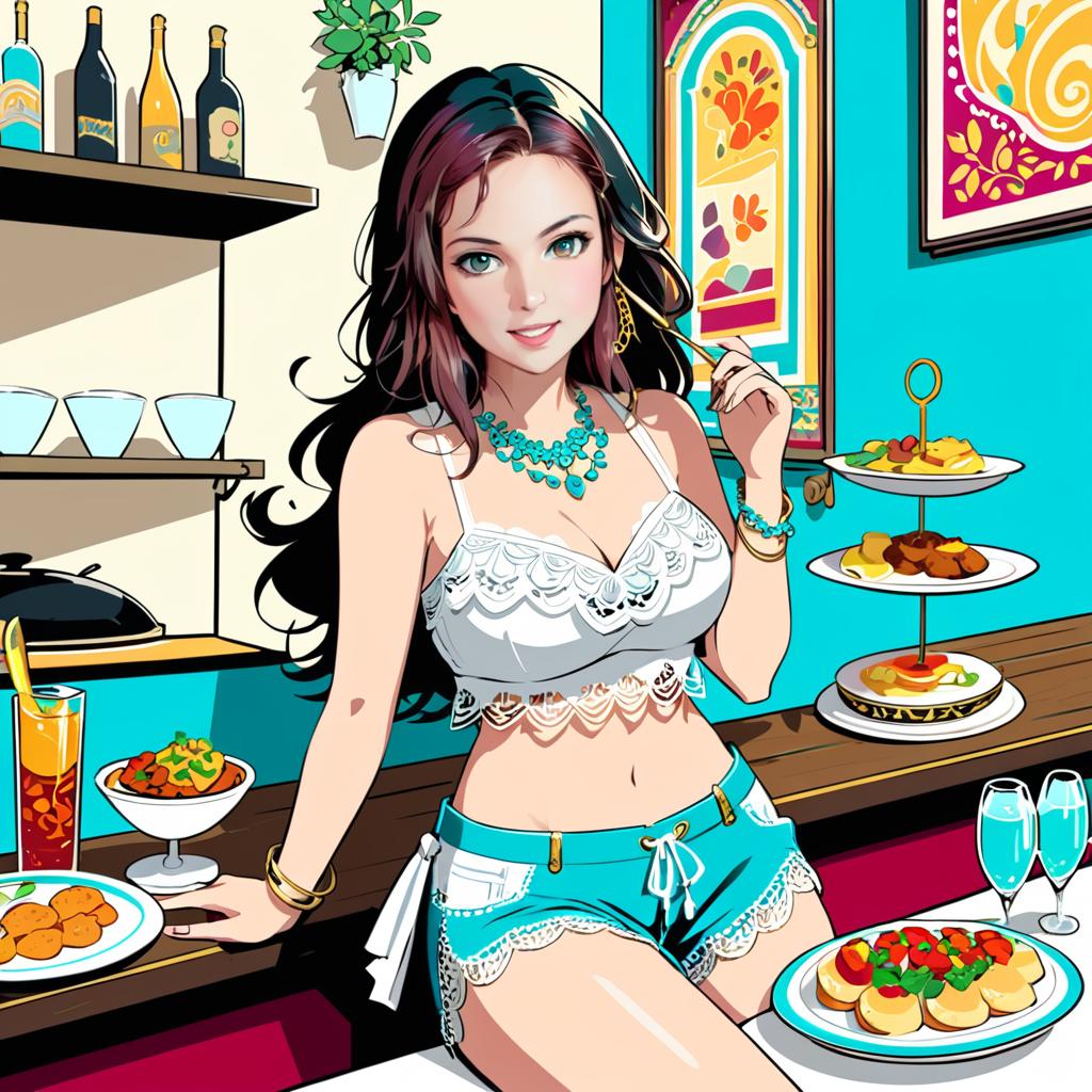 Anime Woman in Colorful Cafe with Delicious Food