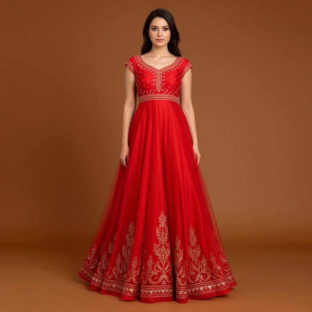 Elegant Red Traditional Embroidered Gown on Woman