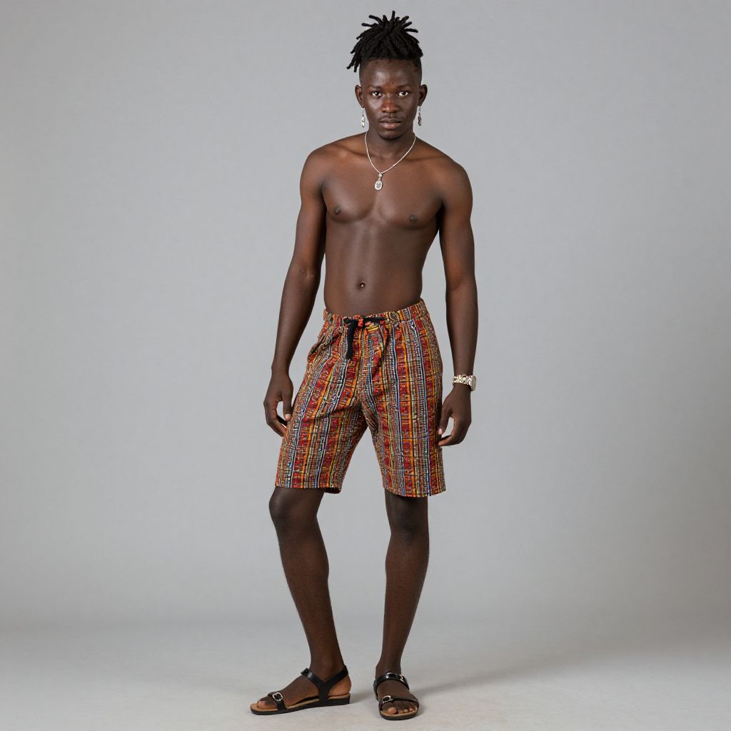 Young Man in Colorful Patterned Shorts and Sandals Standing Against Gray Background