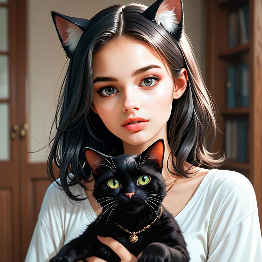 Young Woman with Cat Ears Holding Black Cat