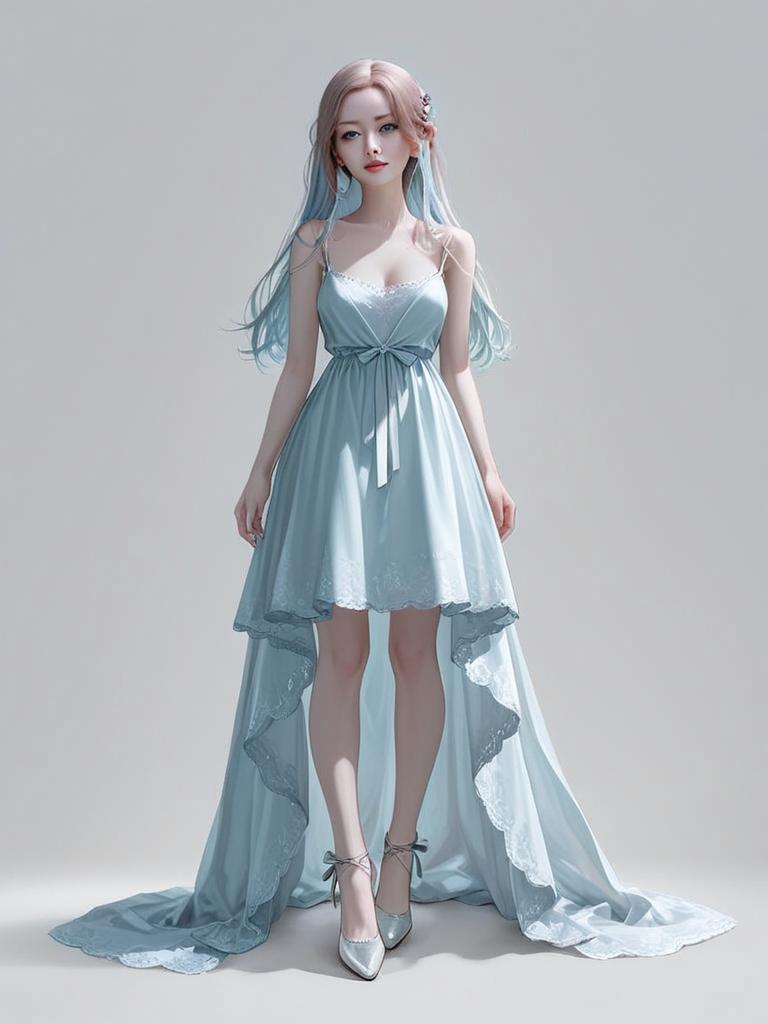 Elegant Boudoir-Inspired Silk Dress on Woman with Long Pastel Hair Full Body Realistic Portrait
