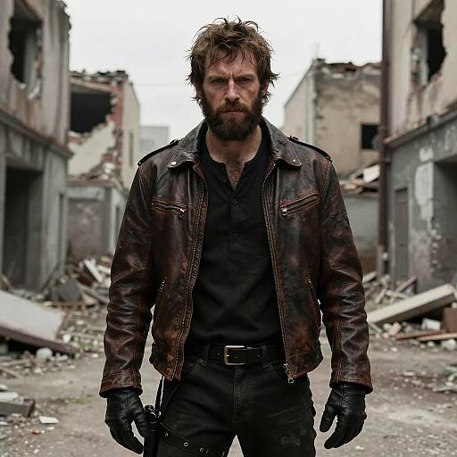 Bearded Man in Leather Jacket in Post-Apocalyptic Urban Ruins
