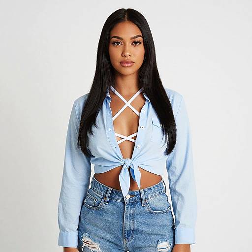 Confident Woman in Light Blue Knotted Shirt and Distressed Jeans Fashion Portrait