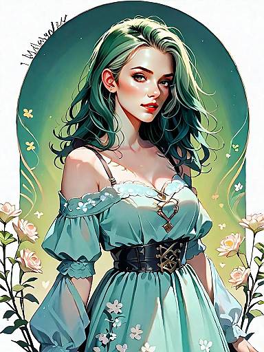 Realistic Digital Portrait of Woman in Blue Off-Shoulder Dress with Floral Accents