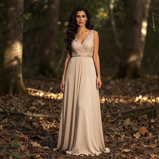 Elegant Woman in Beige Evening Gown in Forest Setting