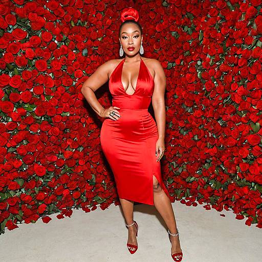 Elegant Woman in Red Satin Dress Posing with Rose Wall Background