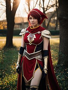 Realistic Photo of Woman Cosplaying Pyrrha Nikos in Red and Gold Armor