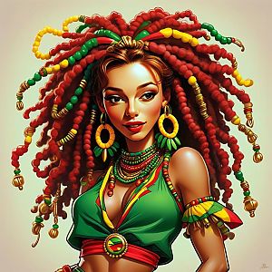 Confident Woman with Red Dreadlocks and Colorful Outfit