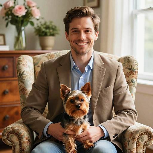 Man Sitting in Armchair Holding Yorkshire Terrier Dog in Cozy Room