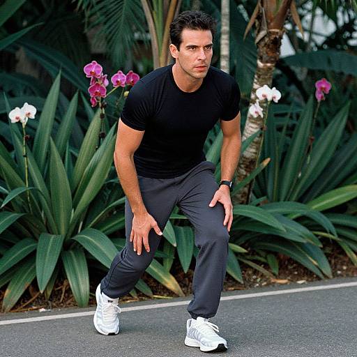 Man Stretching Outdoors in Black T-Shirt and Gray Sweatpants