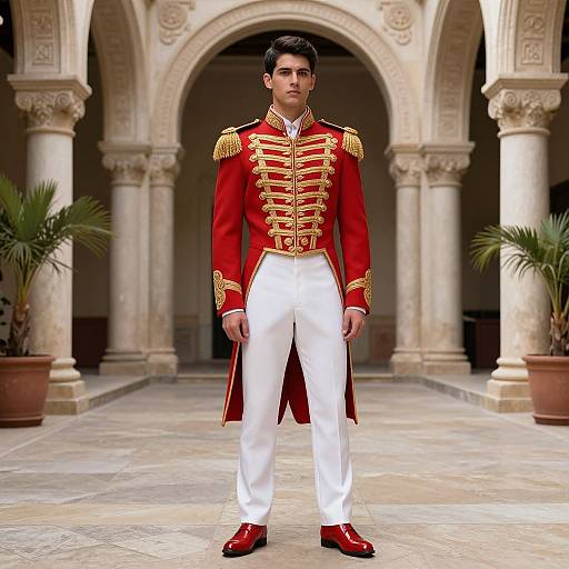 Young Man Wearing Red and Gold Military Ceremonial Uniform in Ornate Hallway