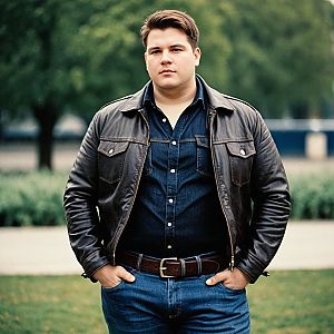 Confident Plus-Size Man in Leather and Denim Outfit