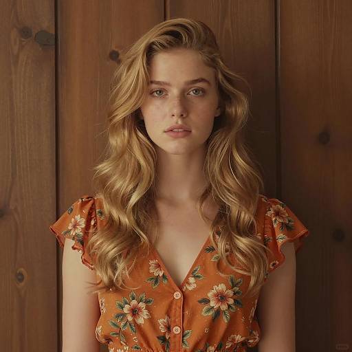Young Woman in Orange Floral Dress with Natural Blonde Hair in Vintage Style