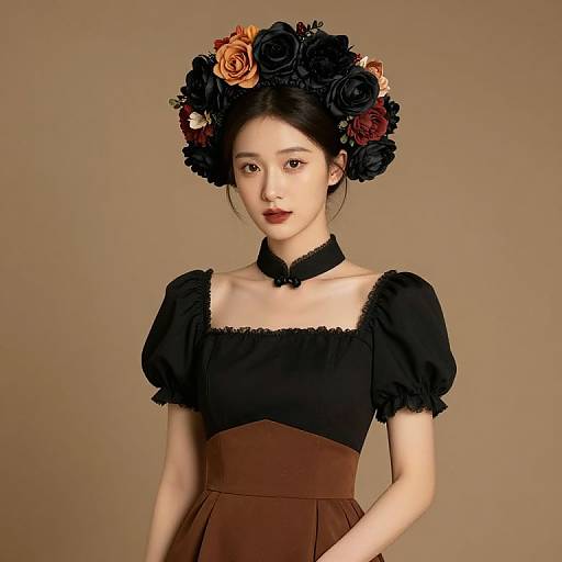 Young Woman in Black Dress with Floral Headpiece and Choker