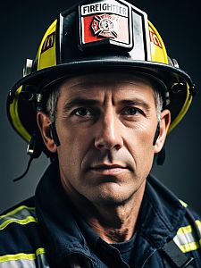Photorealistic Close Up Headshot of Man in Firefighter Costume