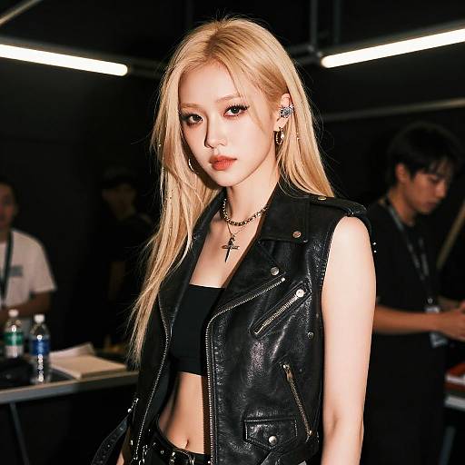 Stylish Gen Z Woman in Black Leather Vest and Edgy Accessories