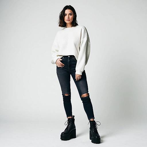 Young Woman in White Sweater and Black Ripped Jeans with Platform Boots