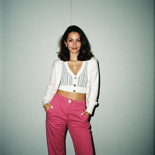Woman Wearing Trendy Pink Pants and White Cropped Cardigan Outfit