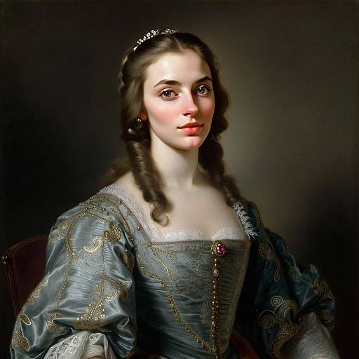18th Century Style Portrait of Young Woman in Embroidered Gown