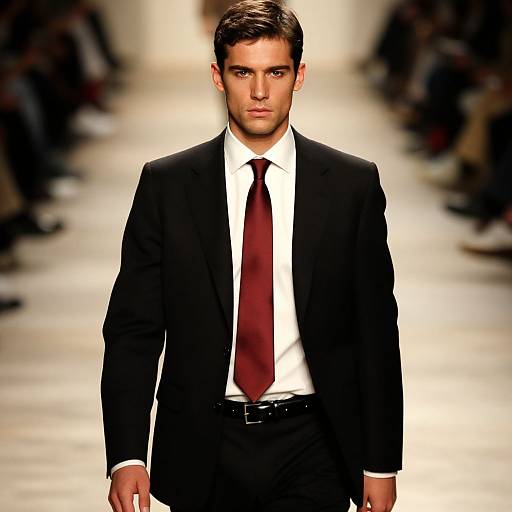 Man in Black Suit and Burgundy Tie on Fashion Runway