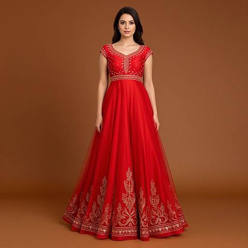 Elegant Red Traditional Embroidered Gown on Woman