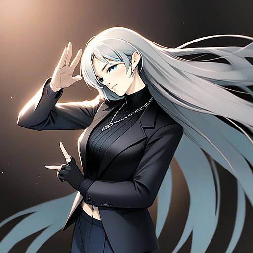 Angelica with Silver Hair in Black Suit Anime Artwork