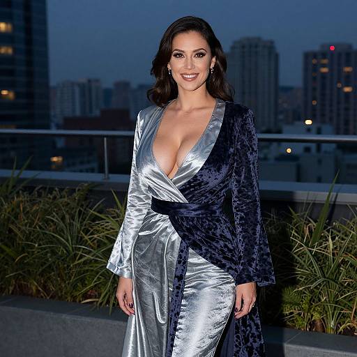 Elegant Woman Wearing Silver and Navy Velvet Wrap Dress on Urban Rooftop