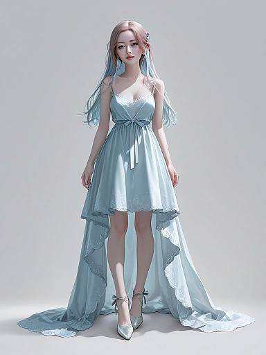Elegant Boudoir-Inspired Silk Dress on Woman with Long Pastel Hair Full Body Realistic Portrait