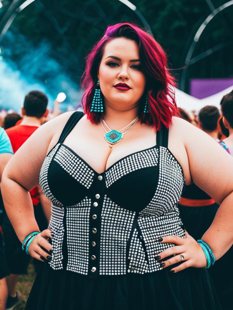 Plus Size Woman in Glamorous EDM Festival Outfit with Studded Corset