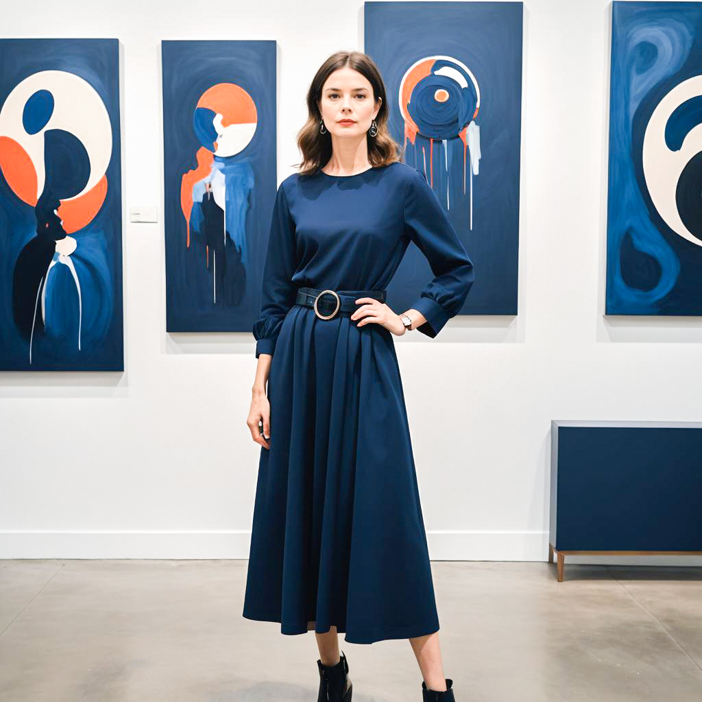 Elegant Woman in Blue Dress at Modern Art Gallery