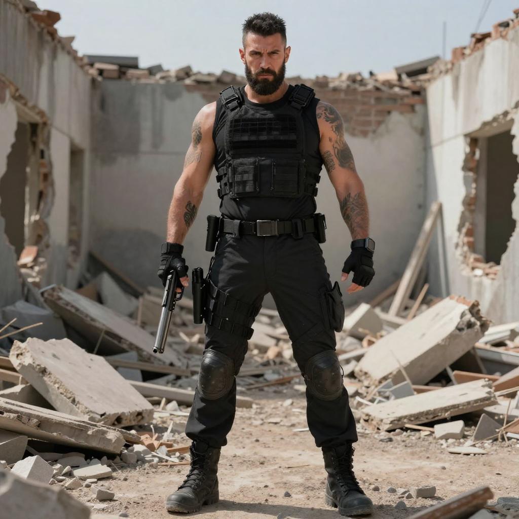 Tactical Soldier in Black Gear Standing Amidst Urban Ruins