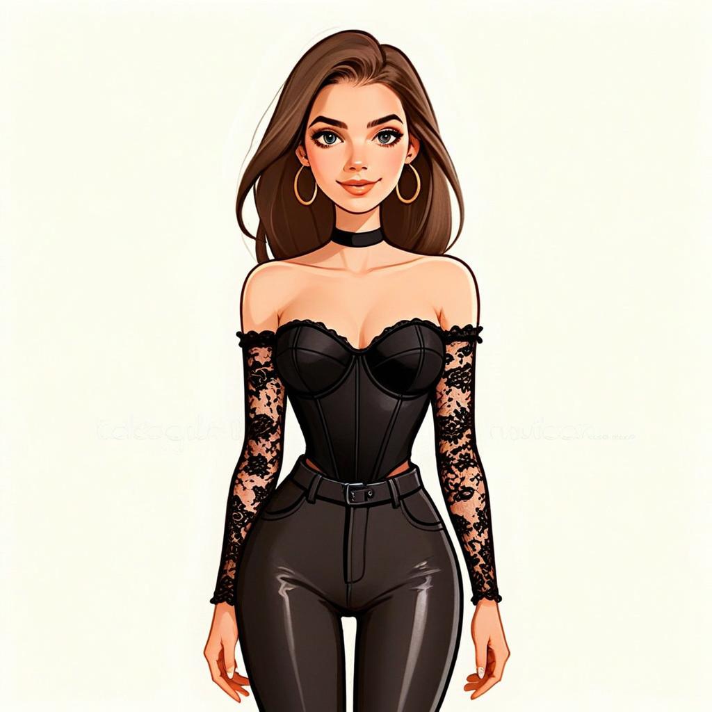 Edgy Chic Woman in Black Corset and Lace Sleeves Digital Illustration